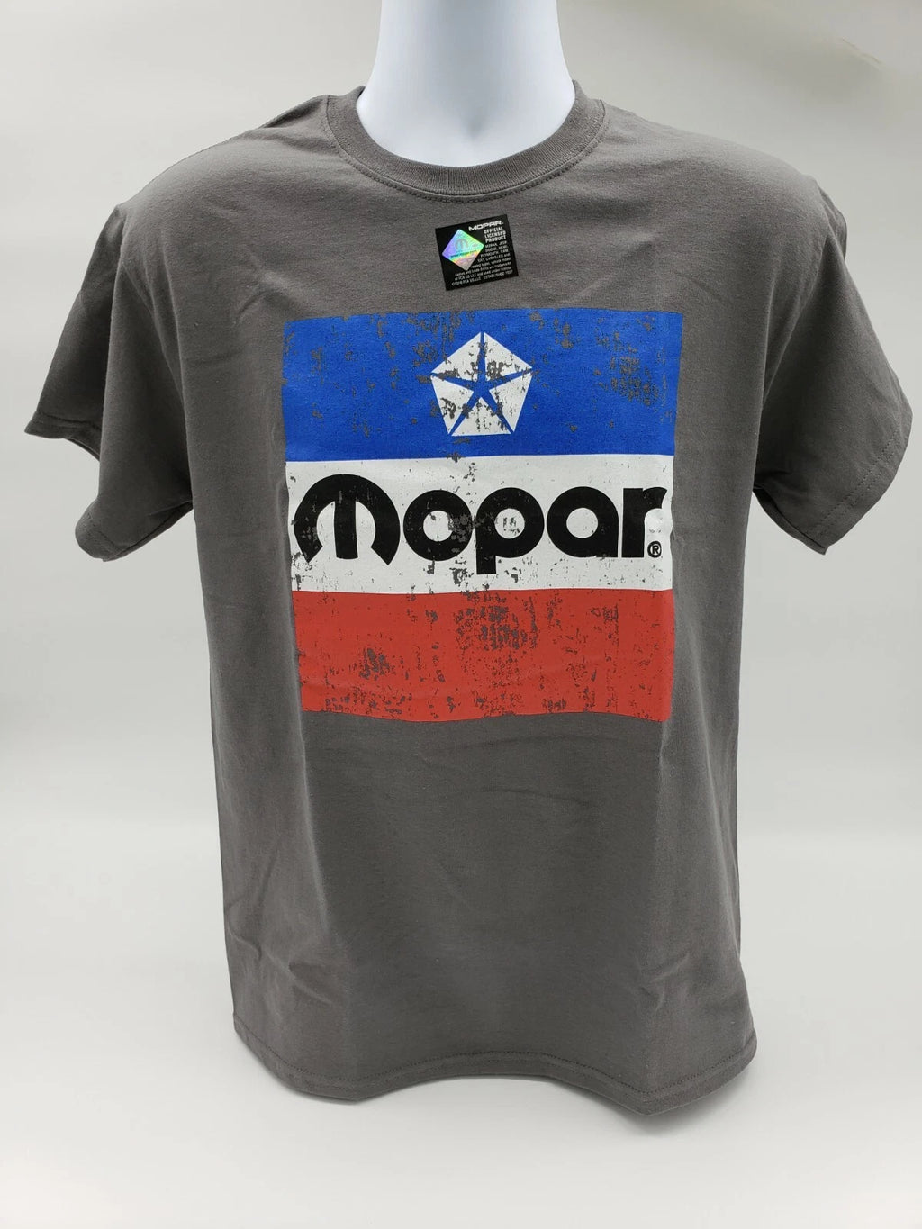 Gray T-Shirt Large Red White Blue 1972 Mopar Emblem Logo Front