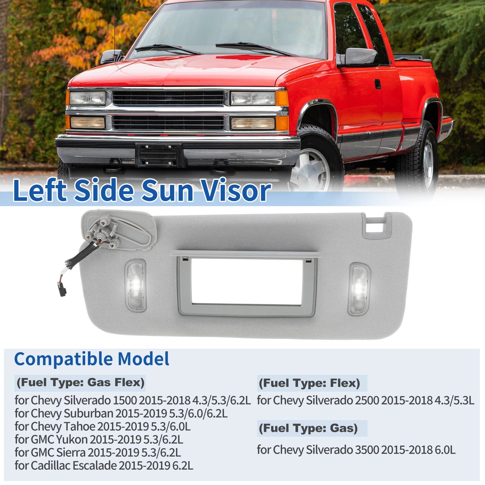 Left Side Sun Visor for Chevrolet Silverado 1500 2500 3500 (2015–2018) Gray