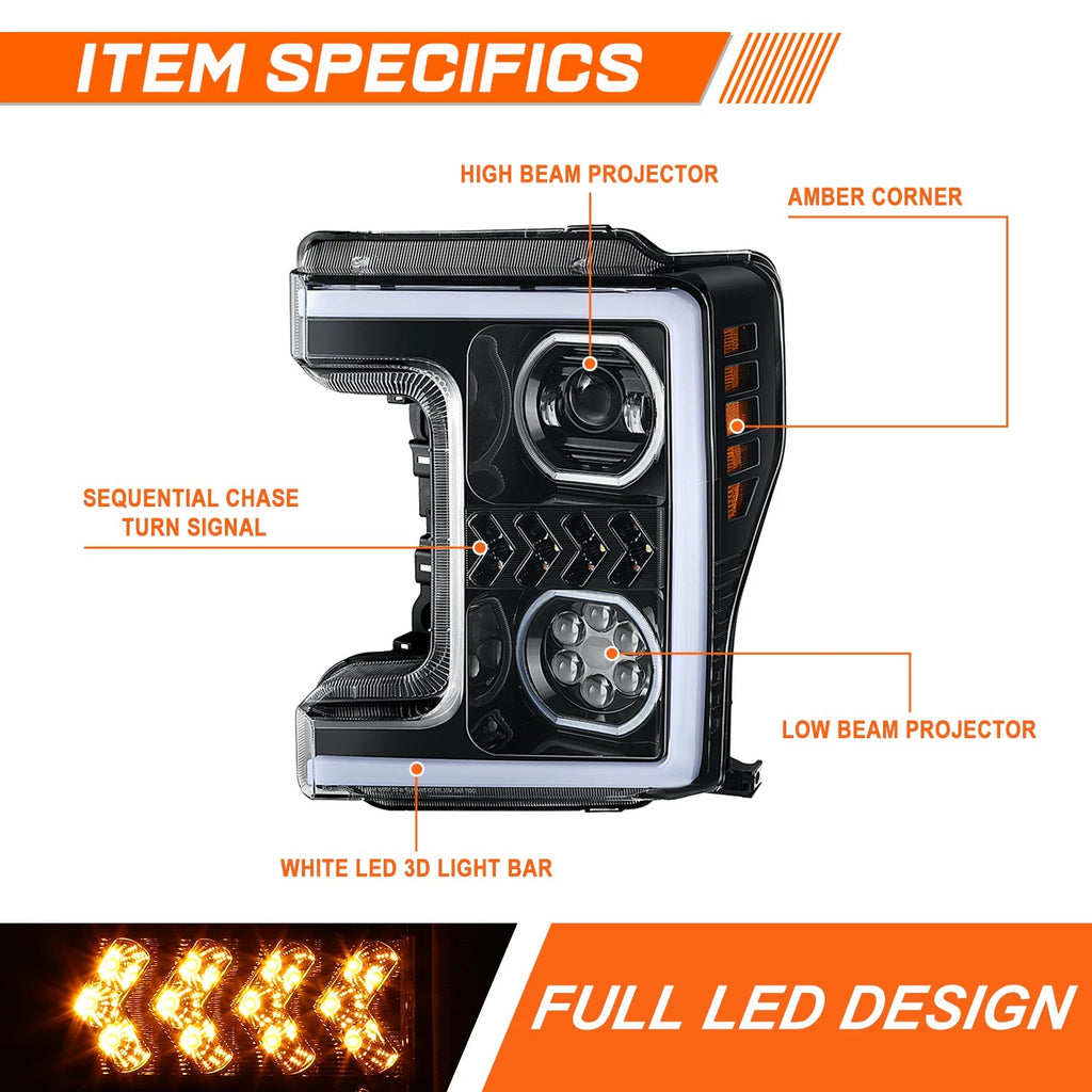 Sequential LED DRL Projector Headlight for Ford F250-F450 Super Duty (2017–2019)