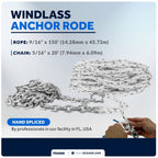 Windlass Anchor Rode 9/16"x150' Rope & 5/16"x20' G4 Chain for Boats