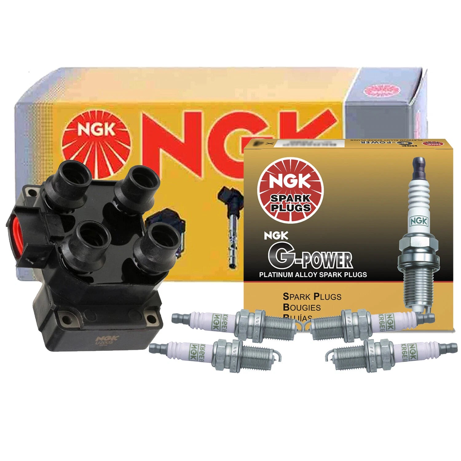NGK DIS Ignition Coil & 4 G-Power Platinum Spark Plugs for Ford Probe (1989–1992)