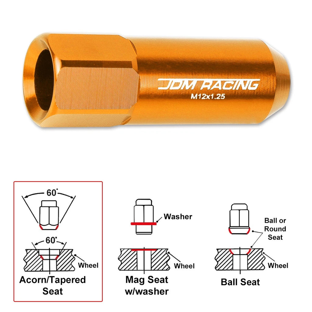 Set of 20 M12X1.25 Orange JDM Open End Aluminum Lug Nuts with Spline Locks