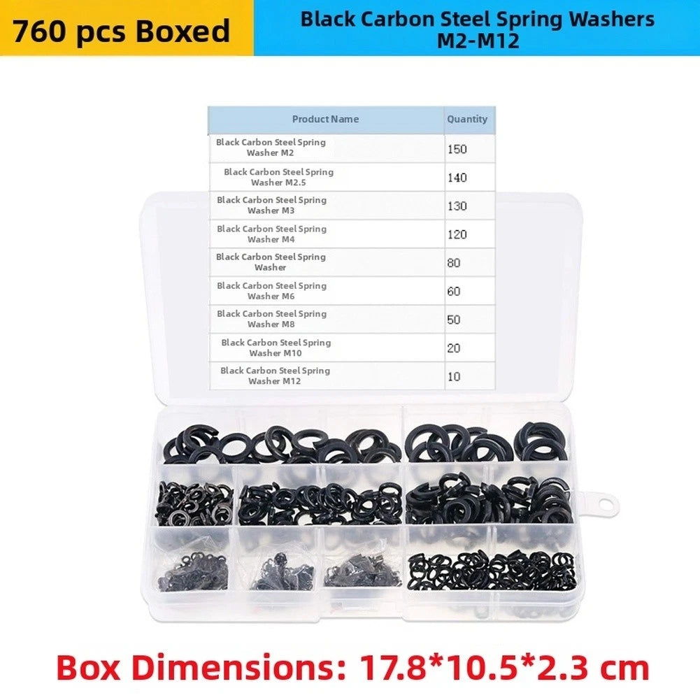 760pcs Black Coated Carbon Steel Spring Washers for Fastener Security
