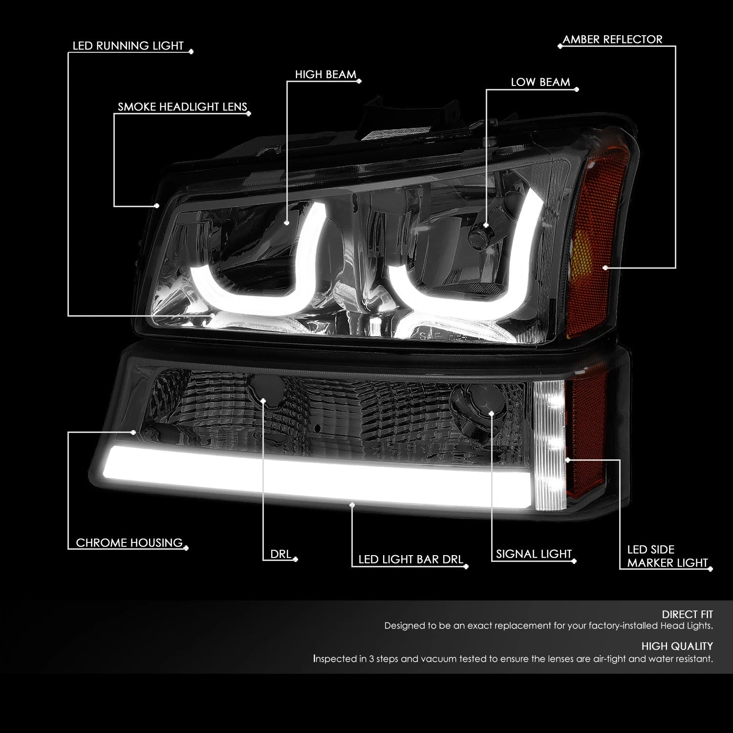 2X J-Halo LED DRL Smoked/Amber Headlight Bumper Lamp for Chevy Silverado (2003–2007)