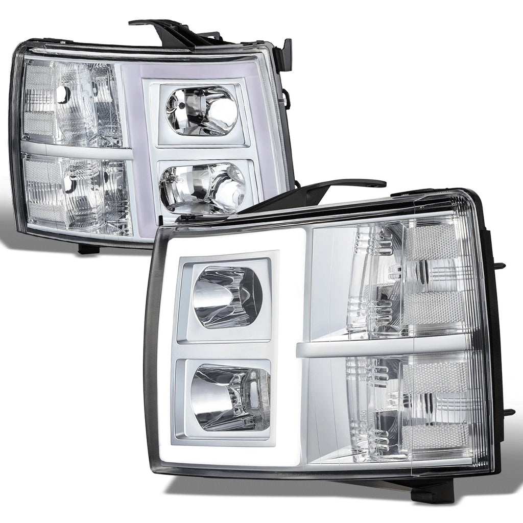 Chrome Housing Headlight Headlamp w/LED Bar for Silverado 1500 2500HD 3500 (2007–2014)