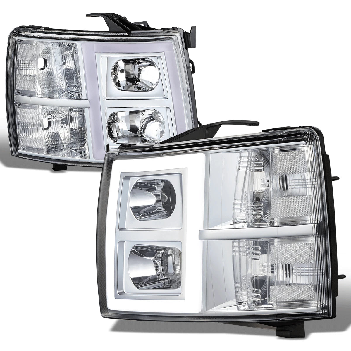 Chrome Housing Headlight Headlamp w/LED Bar for Silverado 1500 2500HD 3500 (2007–2014)
