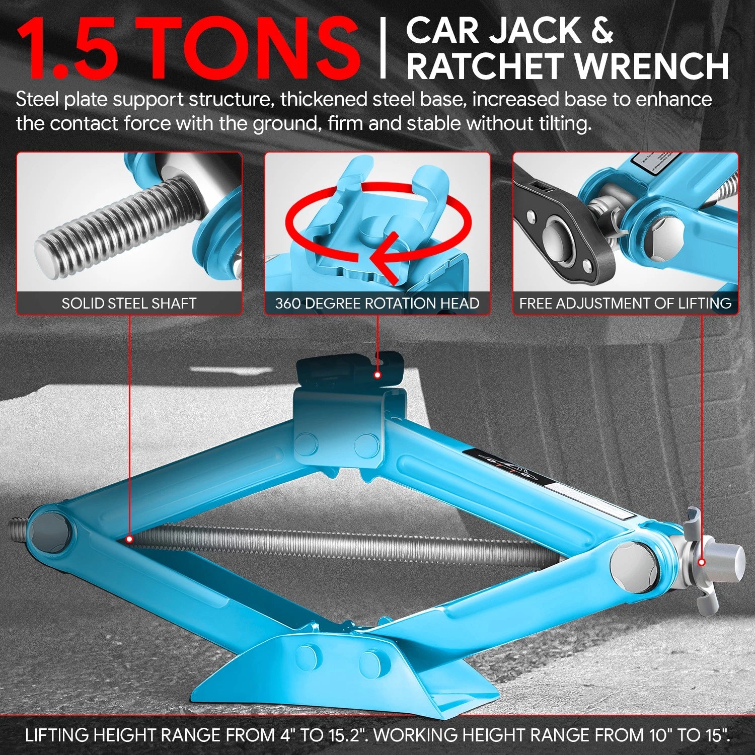 Hydraulic Lift Scissor Jack 10-15in 3306lbs Capacity w/ Ratchet Wrench