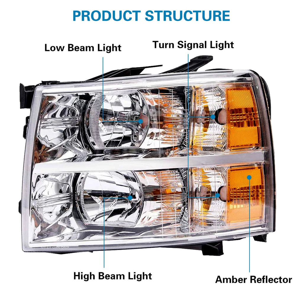 Set of 2 Chrome Housing Headlights for Chevy Silverado 1500 2500HD (2007–2013)