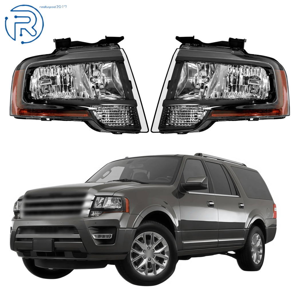 Set of 2 Black Halogen Headlights for Ford Expedition (2015–2017)