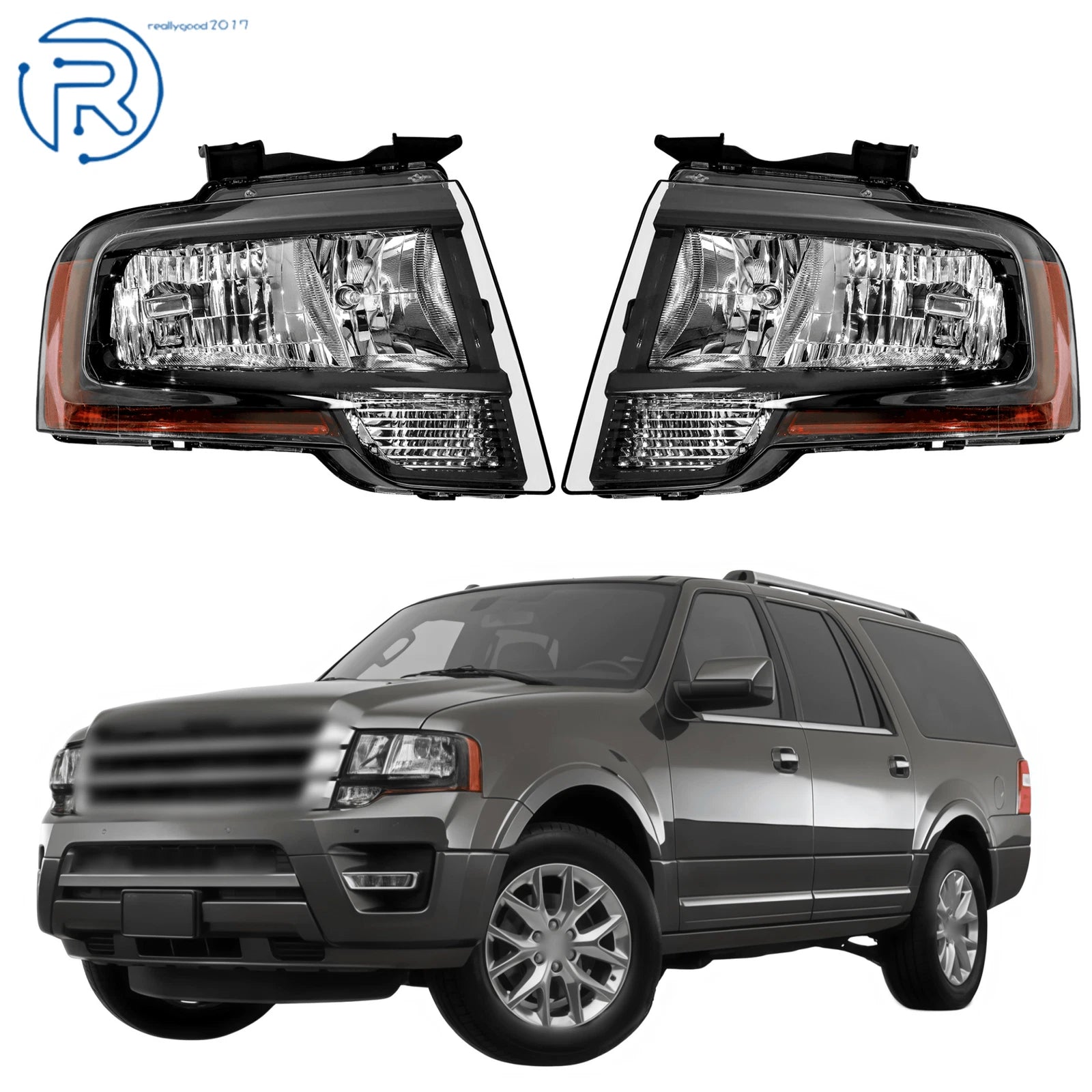 Set of 2 Black Halogen Headlights for Ford Expedition (2015–2017)