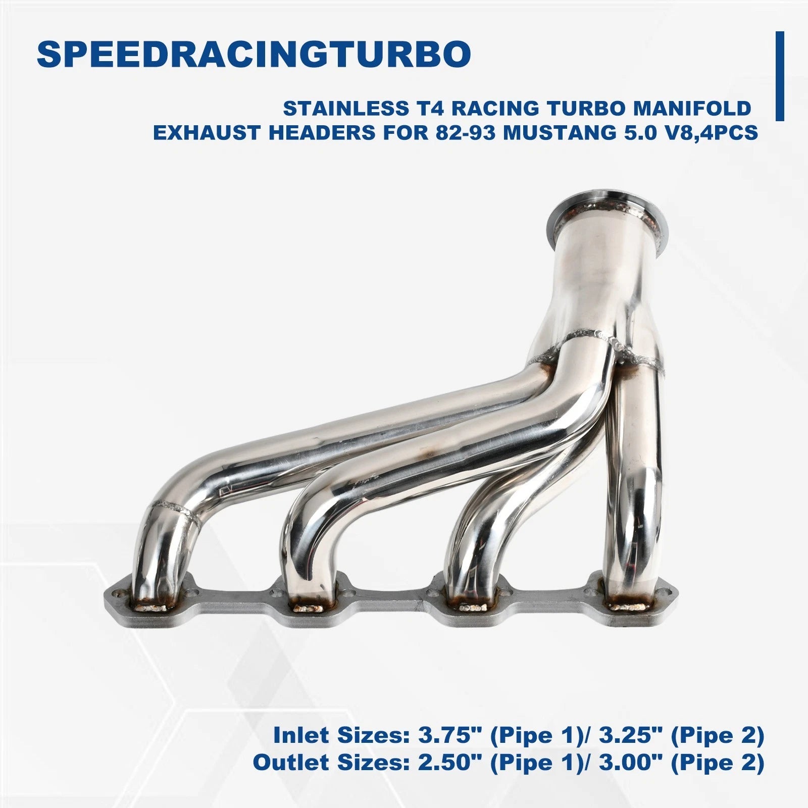 Set of 4 Stainless T4 Racing Turbo Exhaust Headers for Mustang 5.0 V8 (1982–1993)