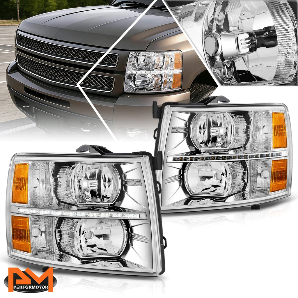 LED DRL Strip Headlight for Chevy Silverado (2007–2014) Chrome Housing Amber Side