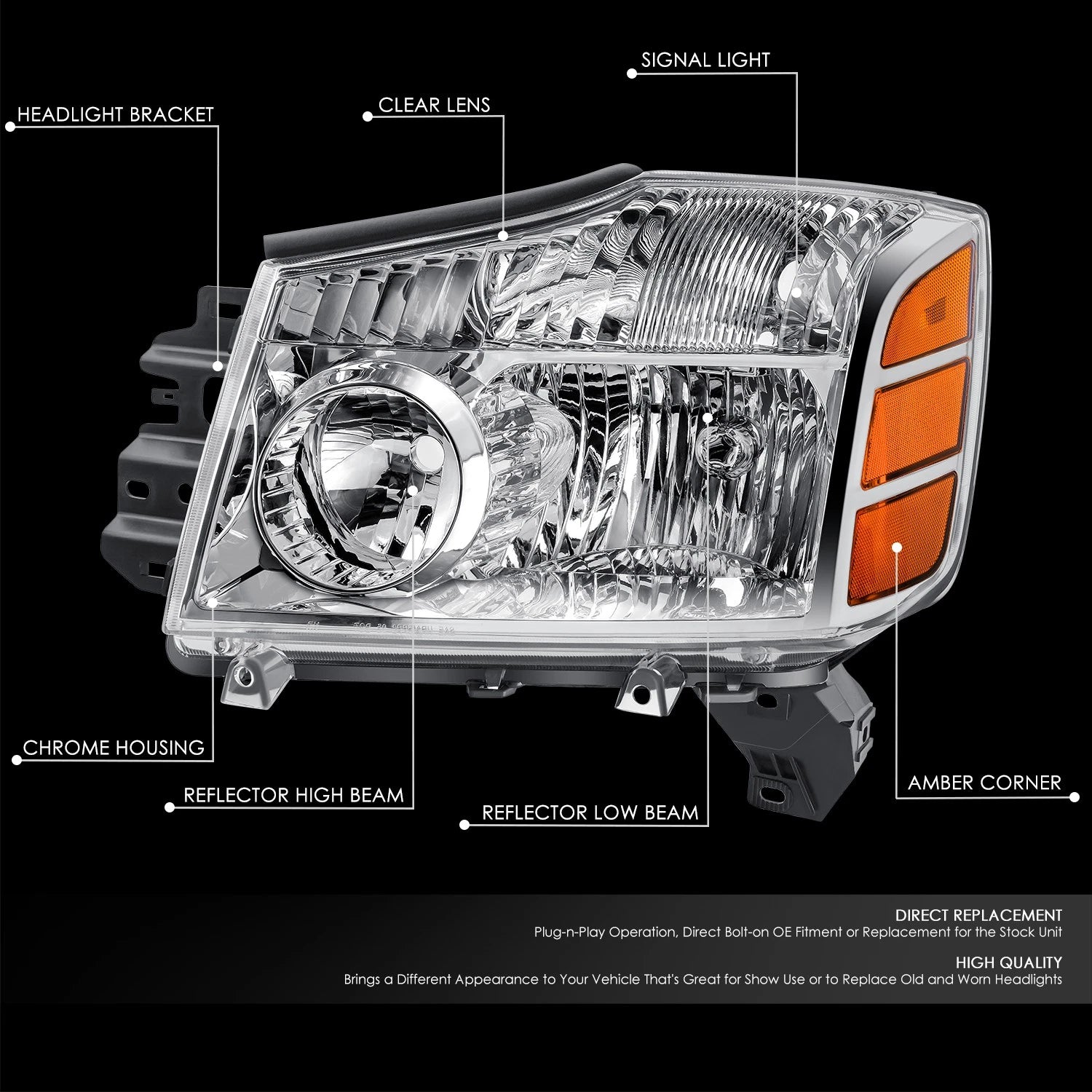 Left Chrome Housing Headlight Lamp for Nissan Armada Pathfinder Titan (2004–2007)