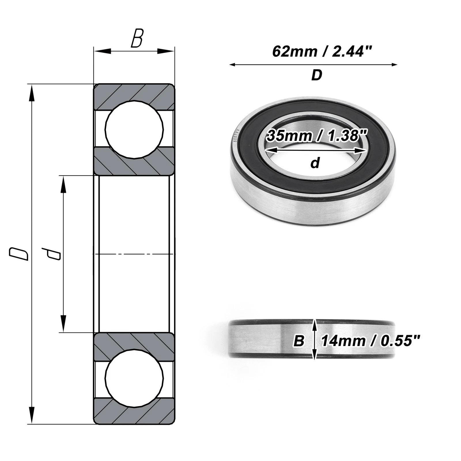 Deep Groove Ball Bearing 6007VV for Scooter Skateboard Wheel (35x62x14mm)
