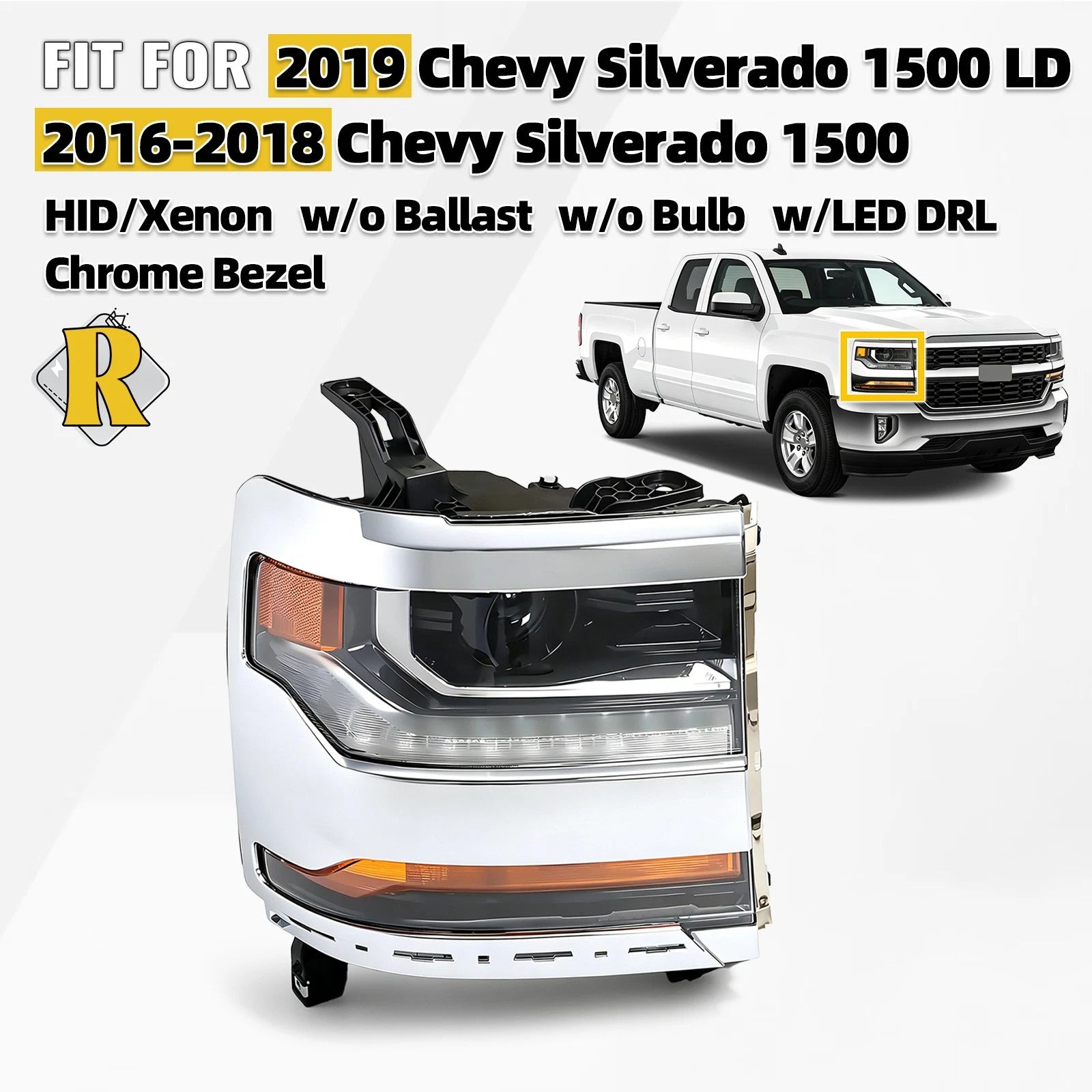 HID Headlight for Chevy Silverado 1500 (2016–2018) W/LED DRL Chrome Bezel RH
