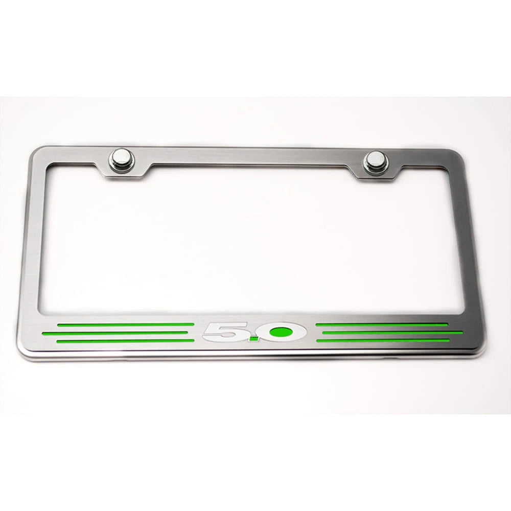 Stainless Steel License Plate Frame w/Green LED&"5.0" Logo for Ford Universal