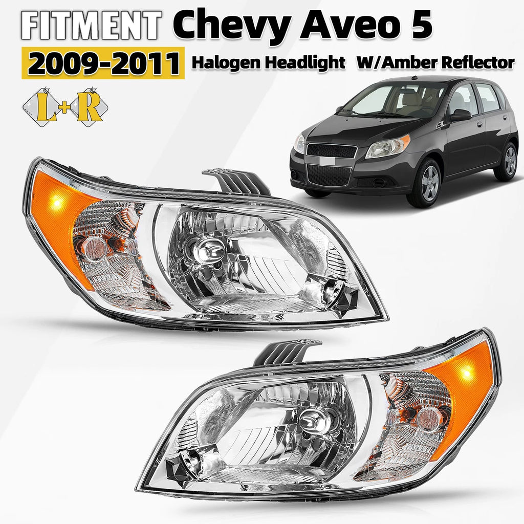 Halogen Headlight Pair for Chevy Aveo 5 LS/LT (2009–2011) W/Amber Reflector