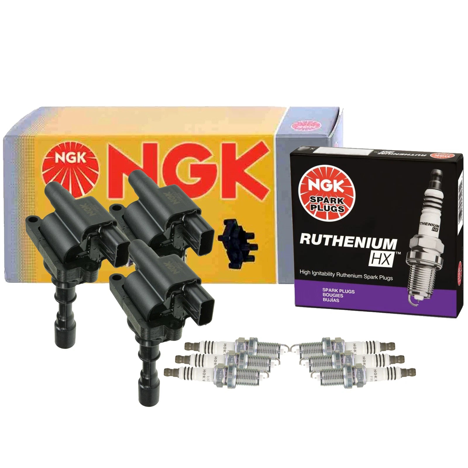 Set of 3 NGK COP Ignition Coils & 6 Ruthenium HX Spark Plugs for Hyundai Kia (3.5 V6)