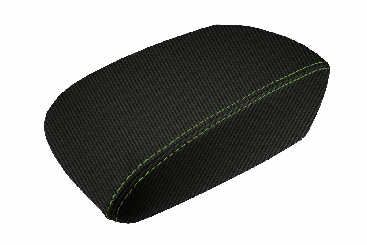 Console Lid Armrest Cover for Ford Focus (2012–2018) Carbon Fiber Green Stitch
