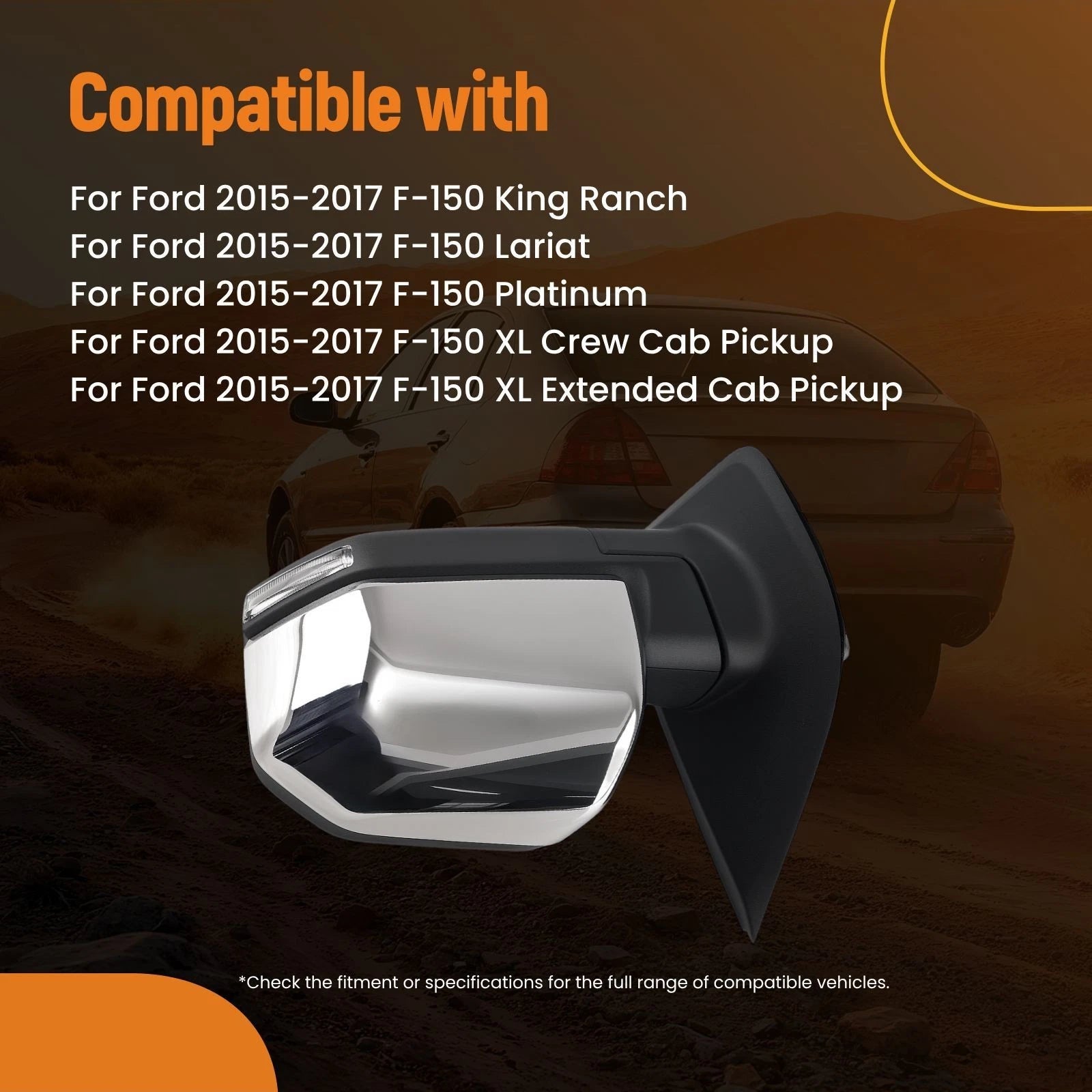 Left Heated Mirror for Ford F-150 XL/XLT Crew Cab (2015–2017) Chrome