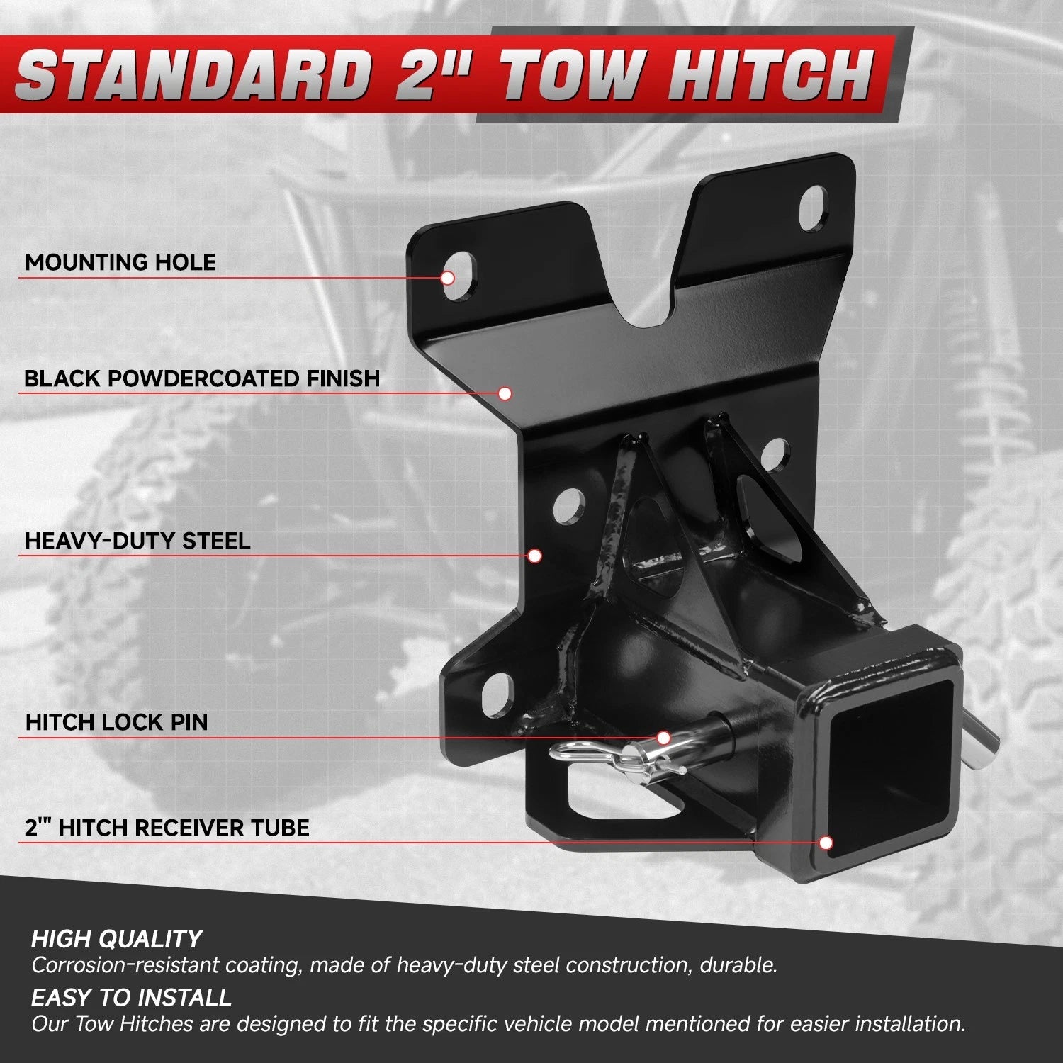 2" Rear Tow Hitch Receiver for Can-Am Maverick (2017–2023) - Black Powdercoat