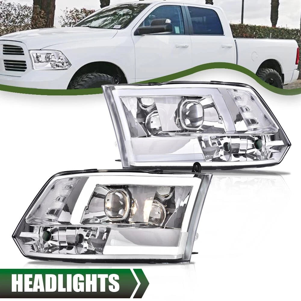 Chrome LED DRL Projector Headlights for Dodge Ram 1500 2500 3500 (2009–2018)