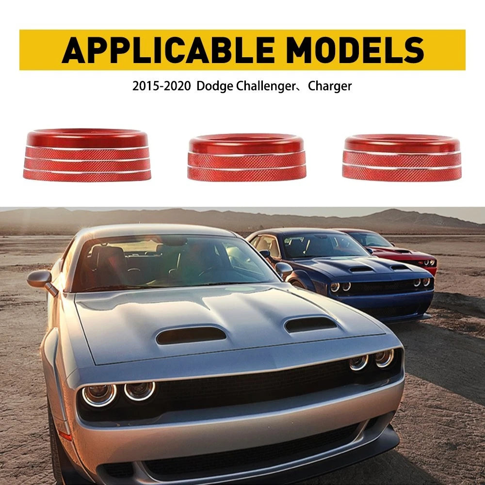 3pcs AC Radio Switch Trim Knob Ring Cover for Dodge Challenger/Charger (2015–2020) RED