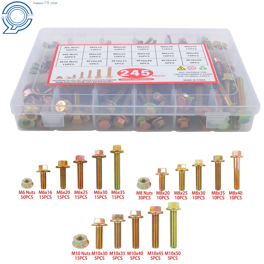 Set of 245 Heavy Duty Flanged Bolts and Nuts Kit for Metric Applications