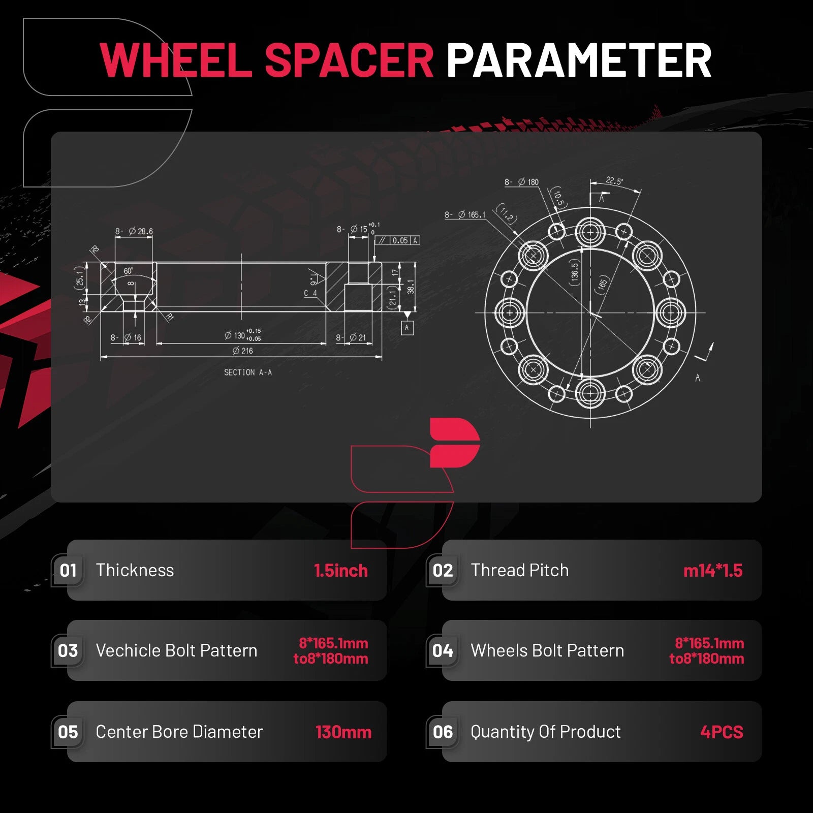 Wheel Spacers Adapter 4 pcs for Chevy Silverado 1500 2500 HD (1.5" 8x6.5–8x180)