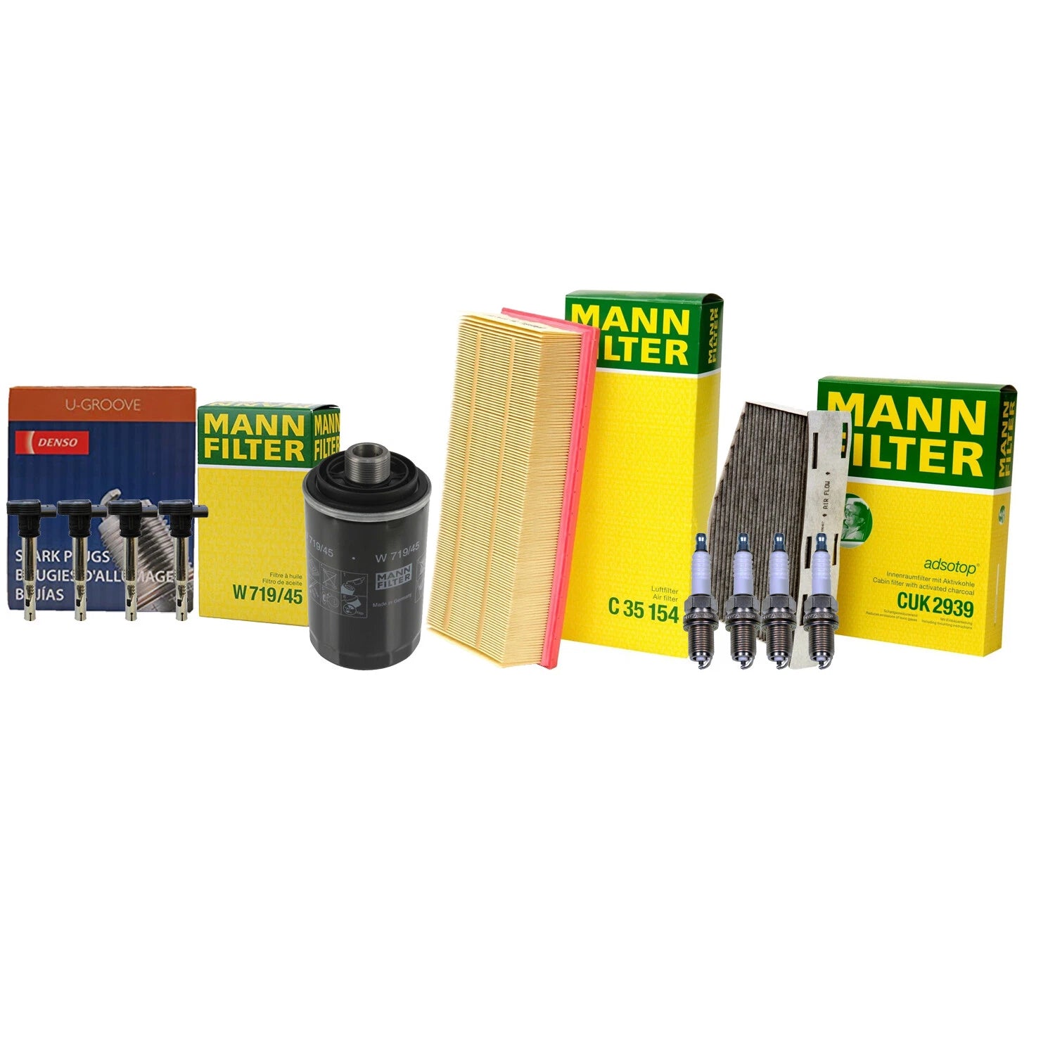 Set of 4 Mann Filters & 4 Denso U-Groove Spark Plugs for Audi VW 2.0L