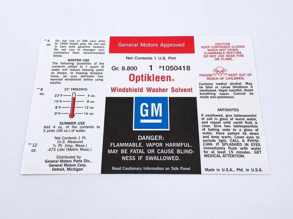 Glass Washer Bottle Cap and Label Replacement for GM A Series (1959–1974)