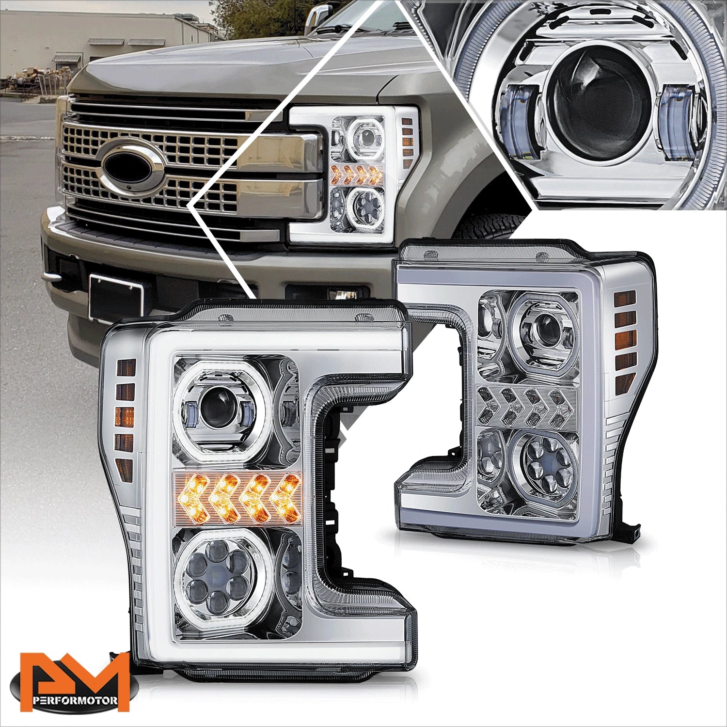 Sequential LED DRL Projector Headlights for Ford F250 F350 F450 (2017–2019)