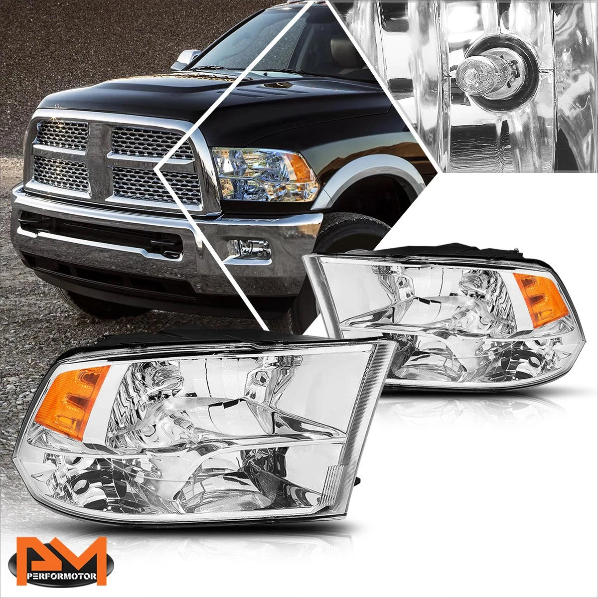 Chrome Housing Quad Headlight Amber Side Corner Lamps for Dodge Ram Pickup (2009–2018)