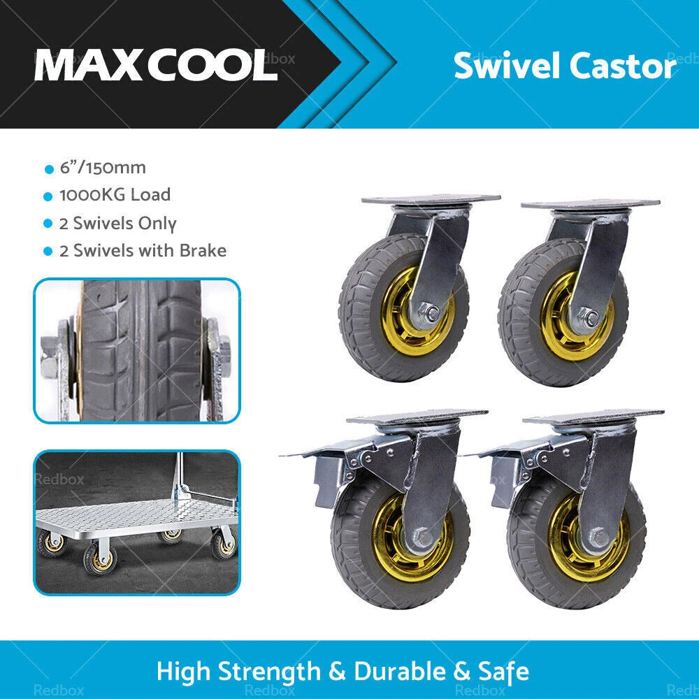 Set of 4 Heavy Duty 6" Swivel Caster Wheels 1000KG Load with Brakes