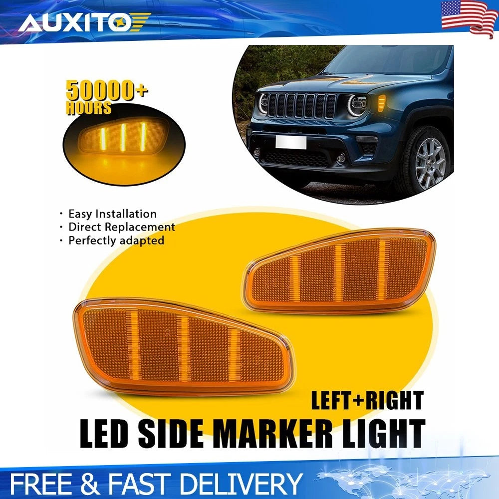 Amber Lens LED Front Fender Side Marker Lights Pair for Jeep Renegade (2015–2023)