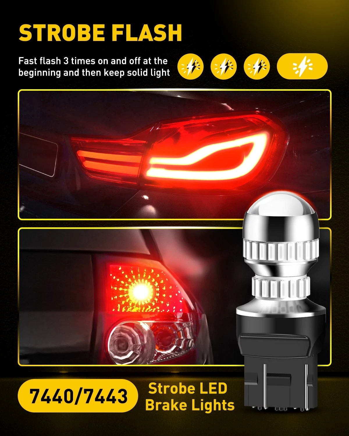 2X 7443 LED Red Strobe Brake Stop Tail Parking Light Bulbs for