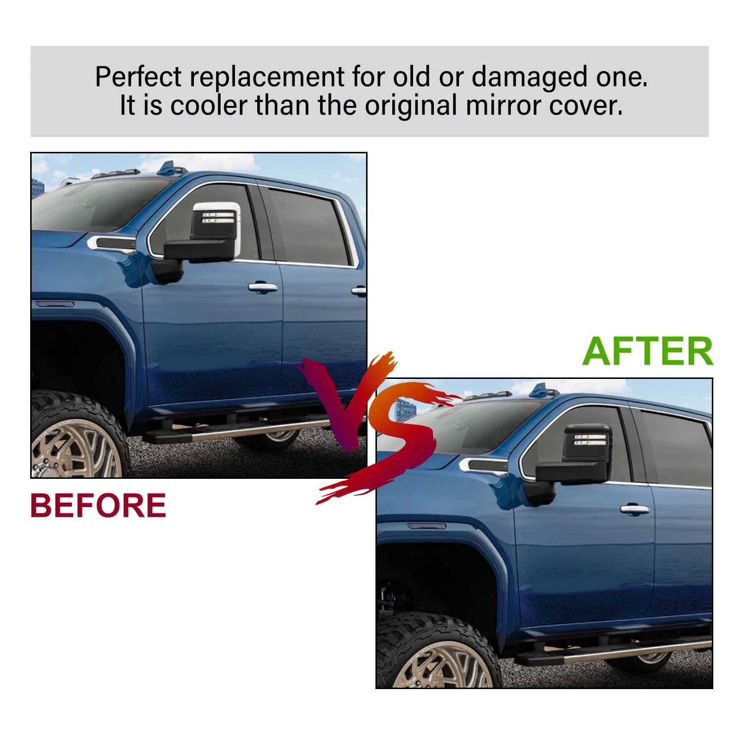 Set of 2 Top & Side Mirror Cover Caps for Chevy Silverado GMC Sierra HD (2020–2024)
