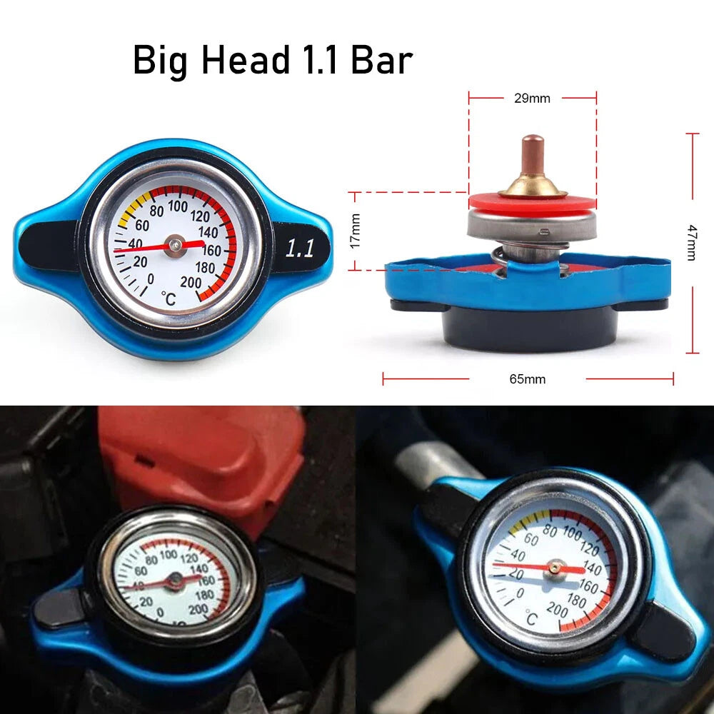 1.1BAR Blue Big Head Thermostatic Gauge Radiator Cap with Water Temp Meter