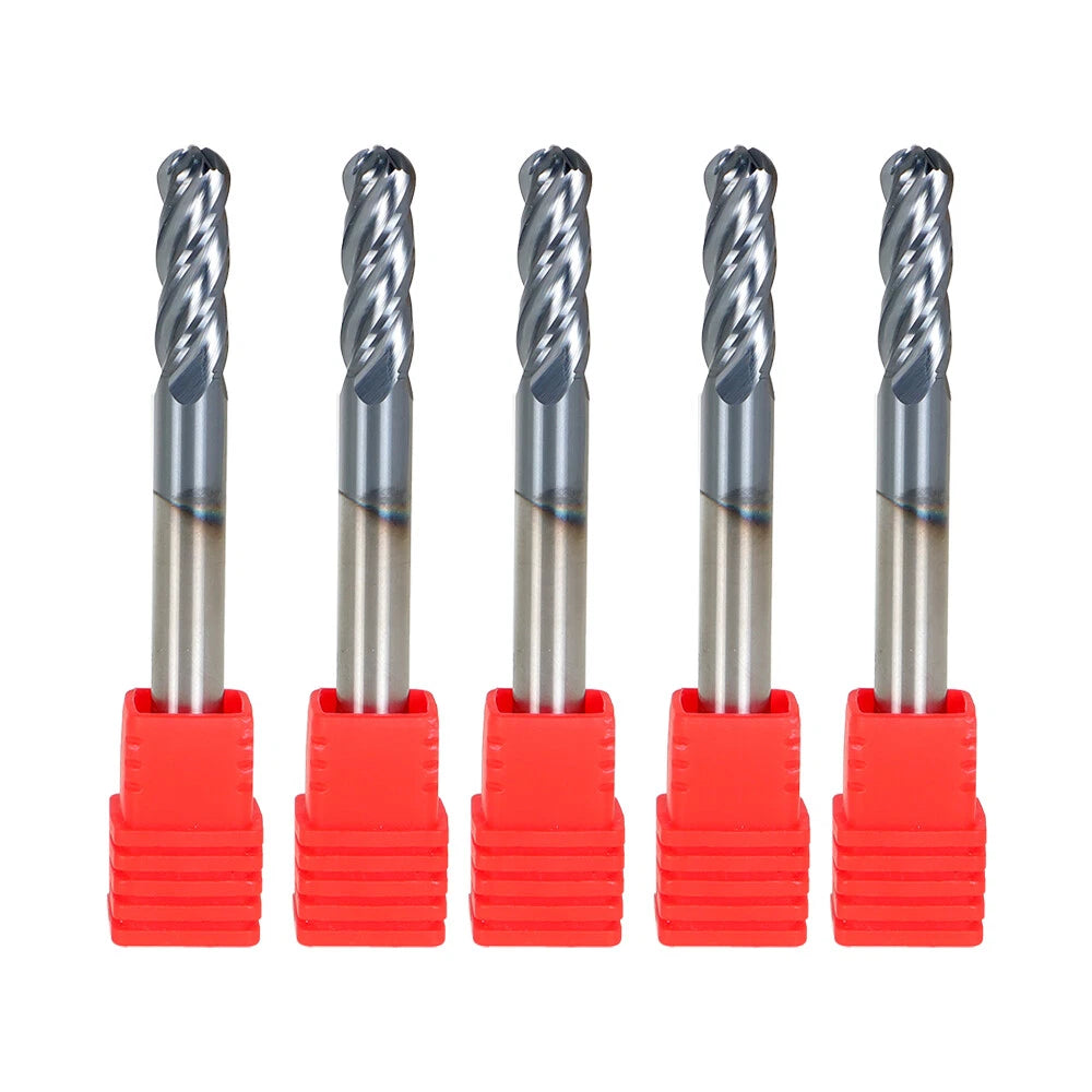 Set of 5 Carbide End Mills 1/4" 4 Flute Ball Nose