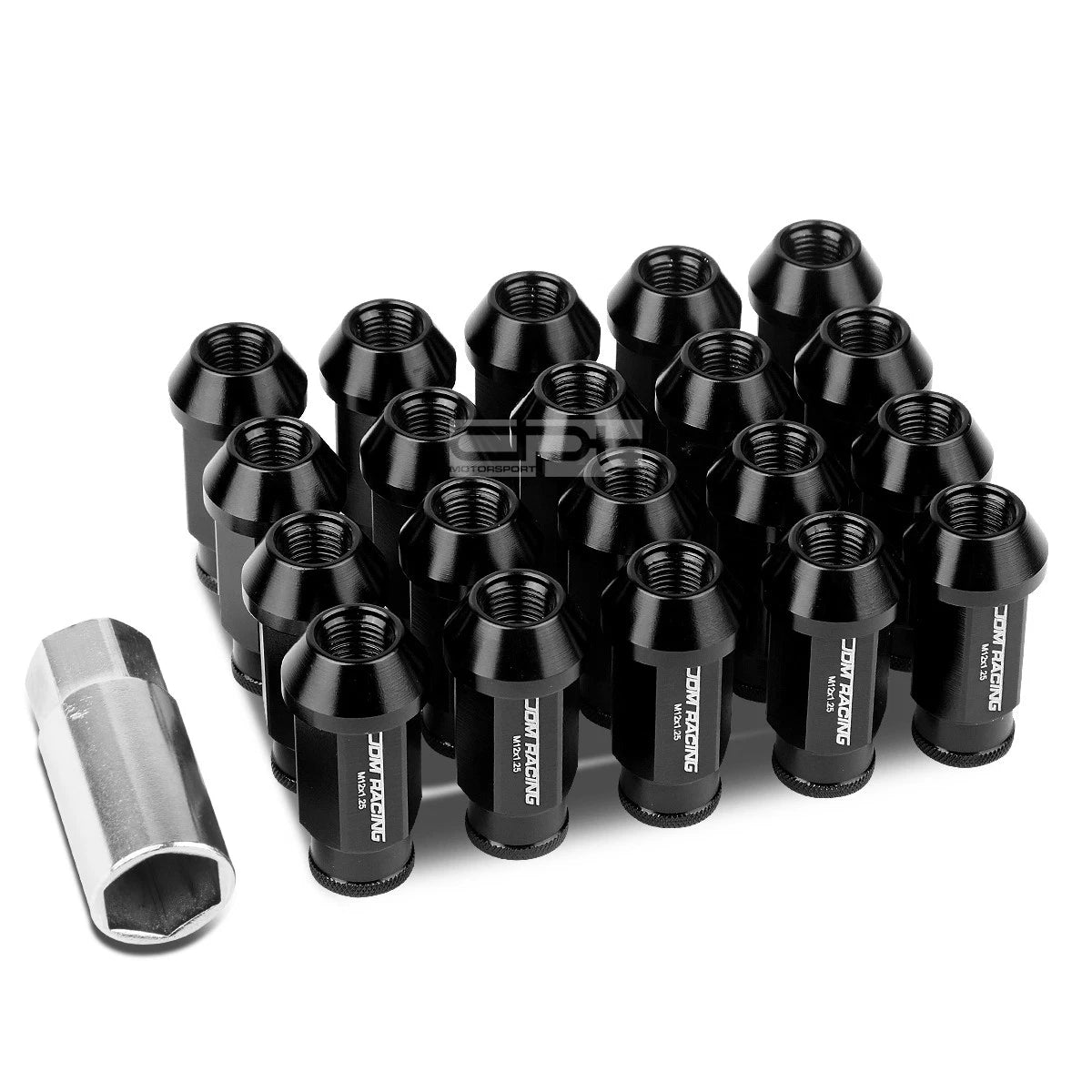 20 PCS Open End M12x1.25 50mm Tall Black Universal JDM Lug Nuts + Lock Key