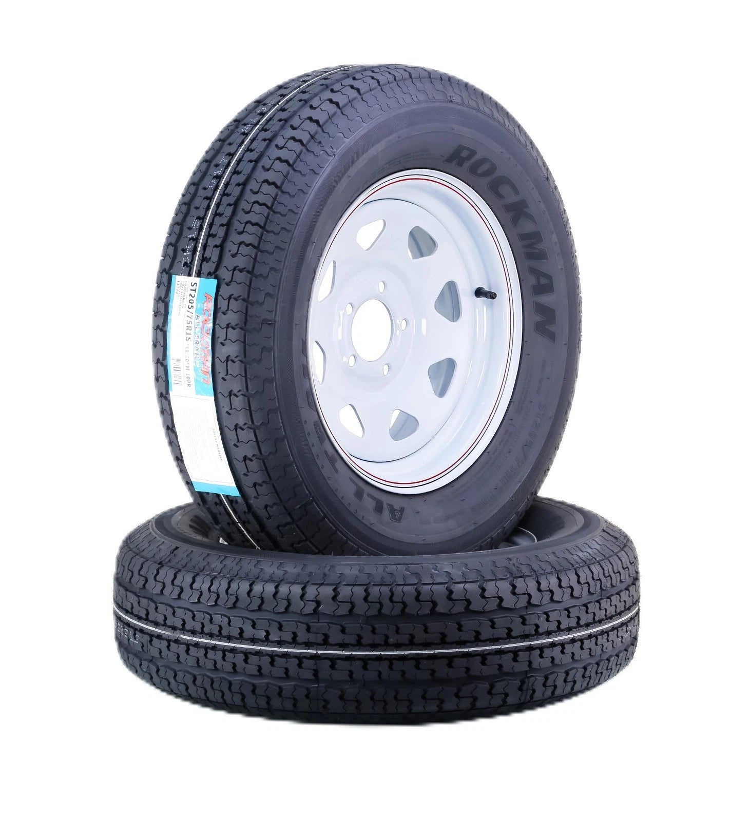 Set of 2 ROCKMAN HD Trailer Tires & Wheels ST205/75R15 10-Ply E w/5x4.5 Rim