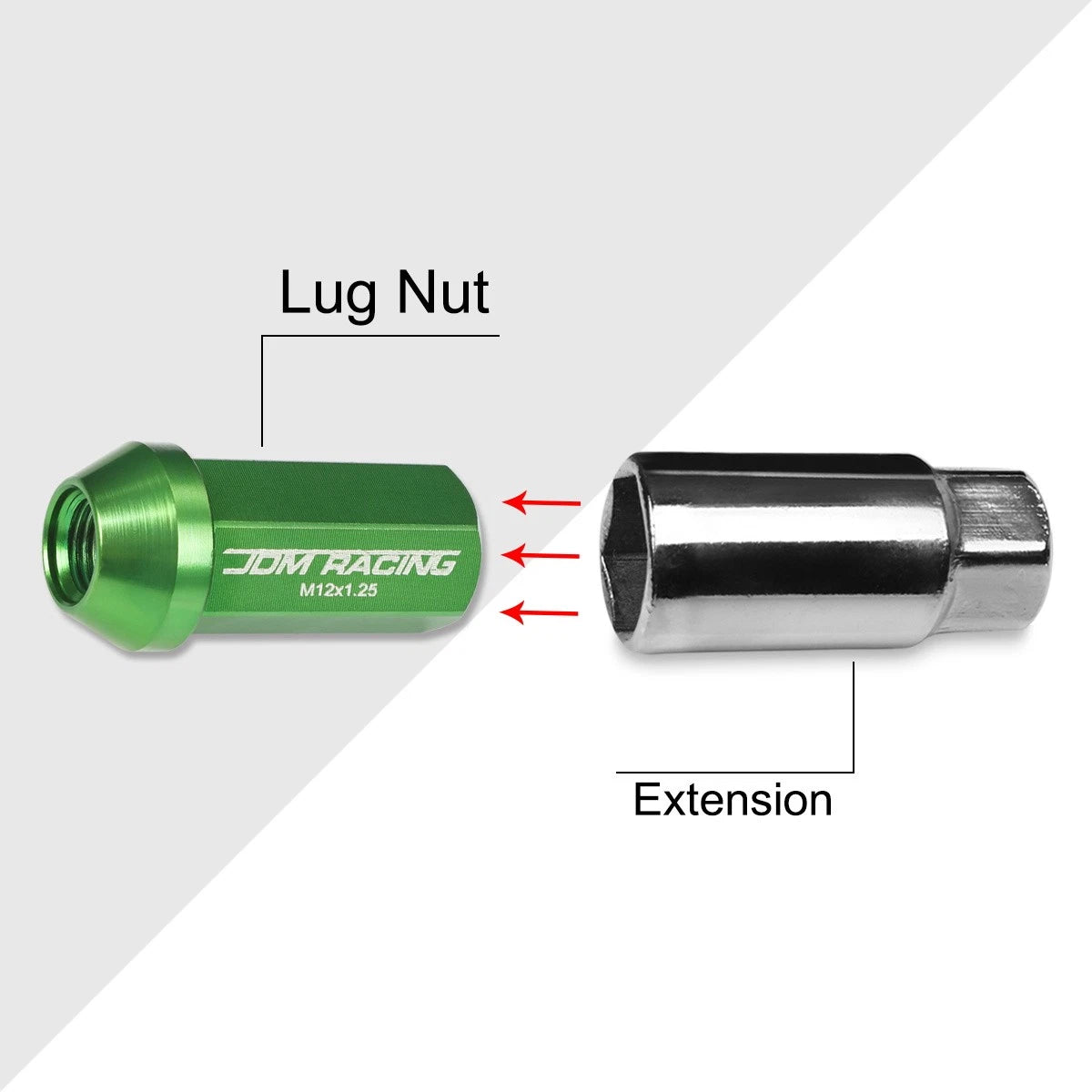 20Pc M12X1.25 Green JDM Closed End Cone Hex Wheel Lug Nuts + Extension 25mm
