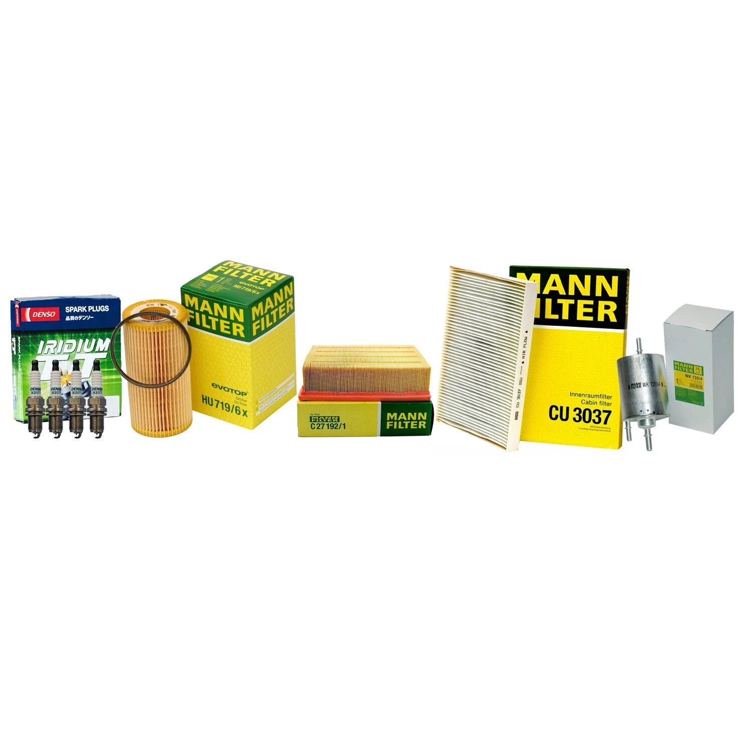 Set of 4 Mann Engine Cabin Air Oil Fuel Filters & Denso Iridium TT Spark Plugs for