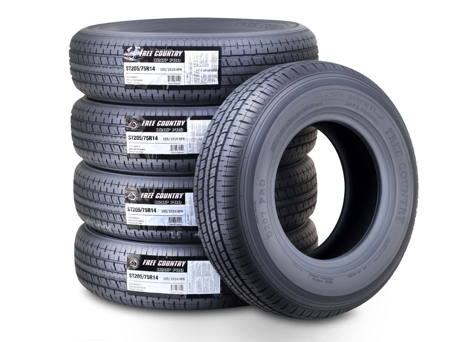 Set of 5 ST205/75R14 Trailer Tires 8PR LR D Steel Belted w/Scuff Guard