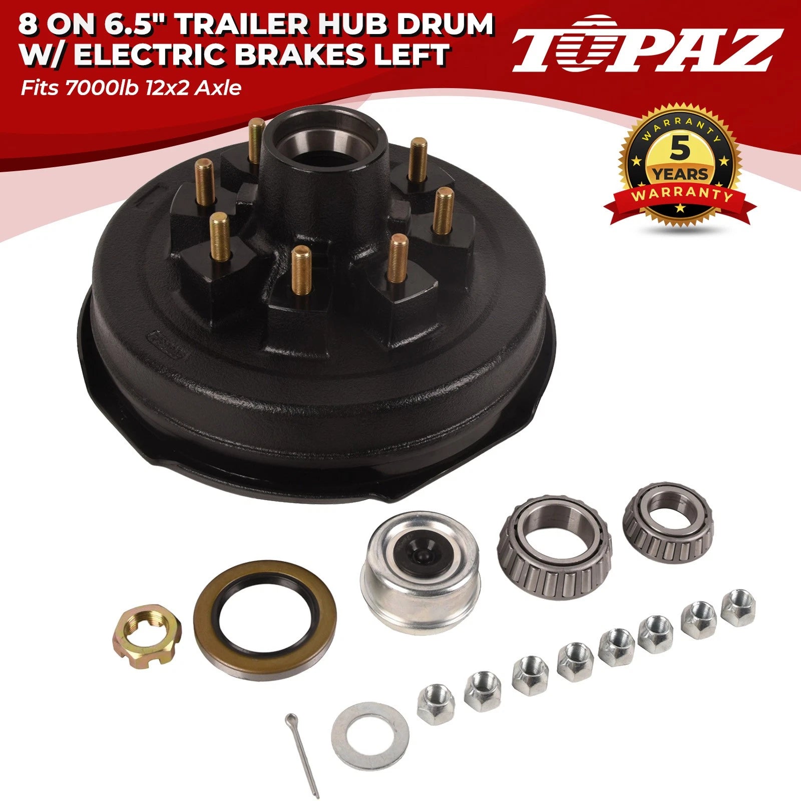 8 on 6.5 Trailer Hub Drum with 12" Electric Brakes Left for 7000lb 