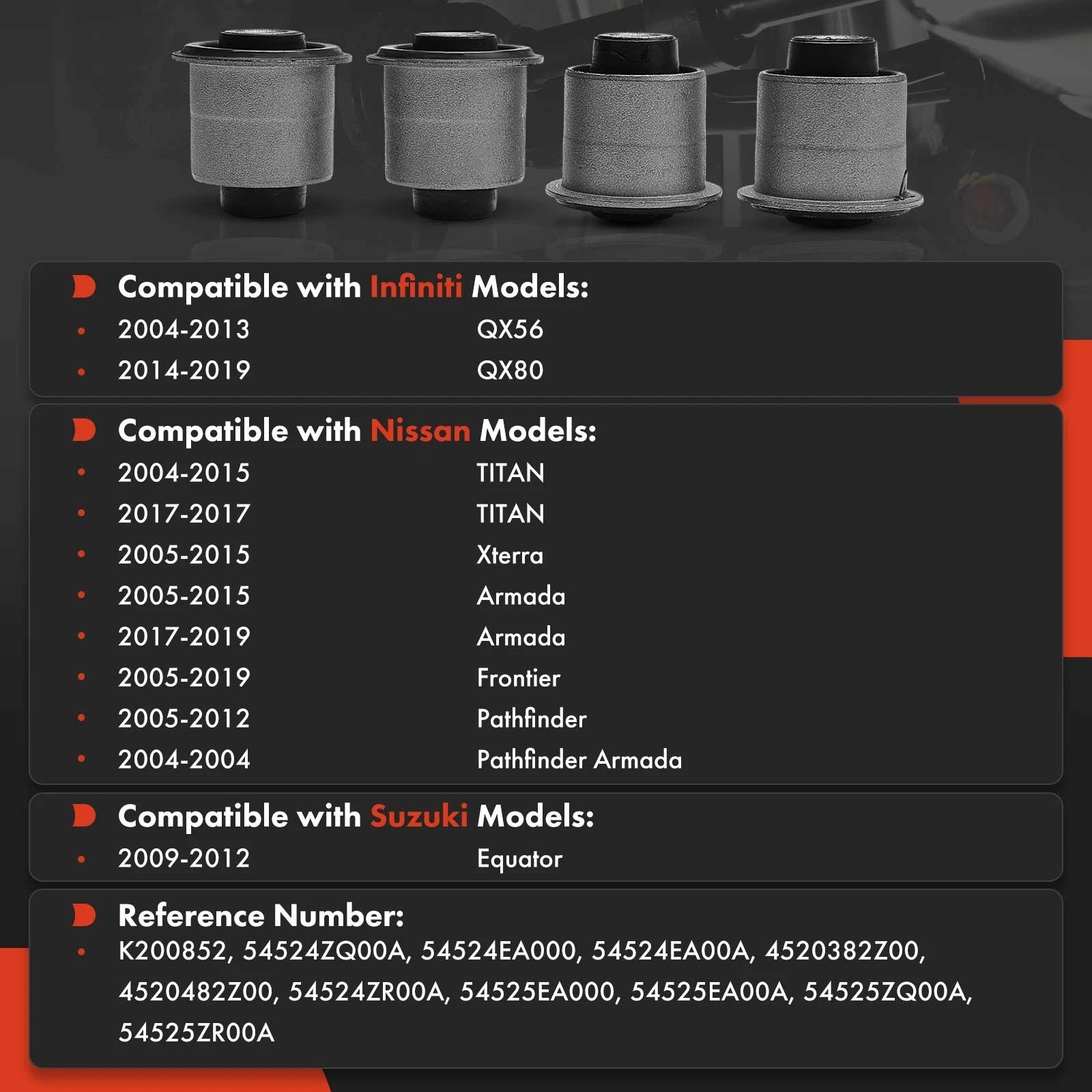Set of 4 Front Upper Bushings for Nissan Frontier Pathfinder Titan (2005–2019)