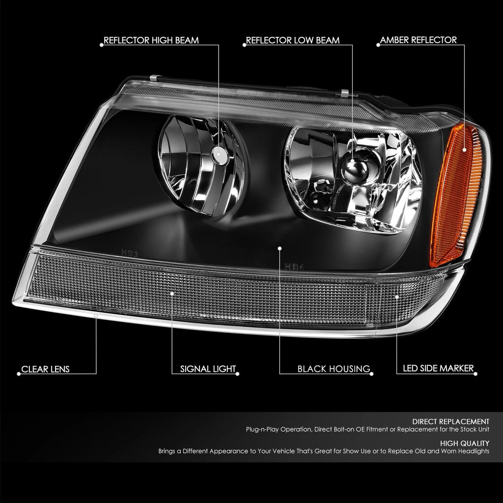 Set of 2 Black Housing Amber Corner Headlights for Jeep Grand Cherokee (1999–2004)