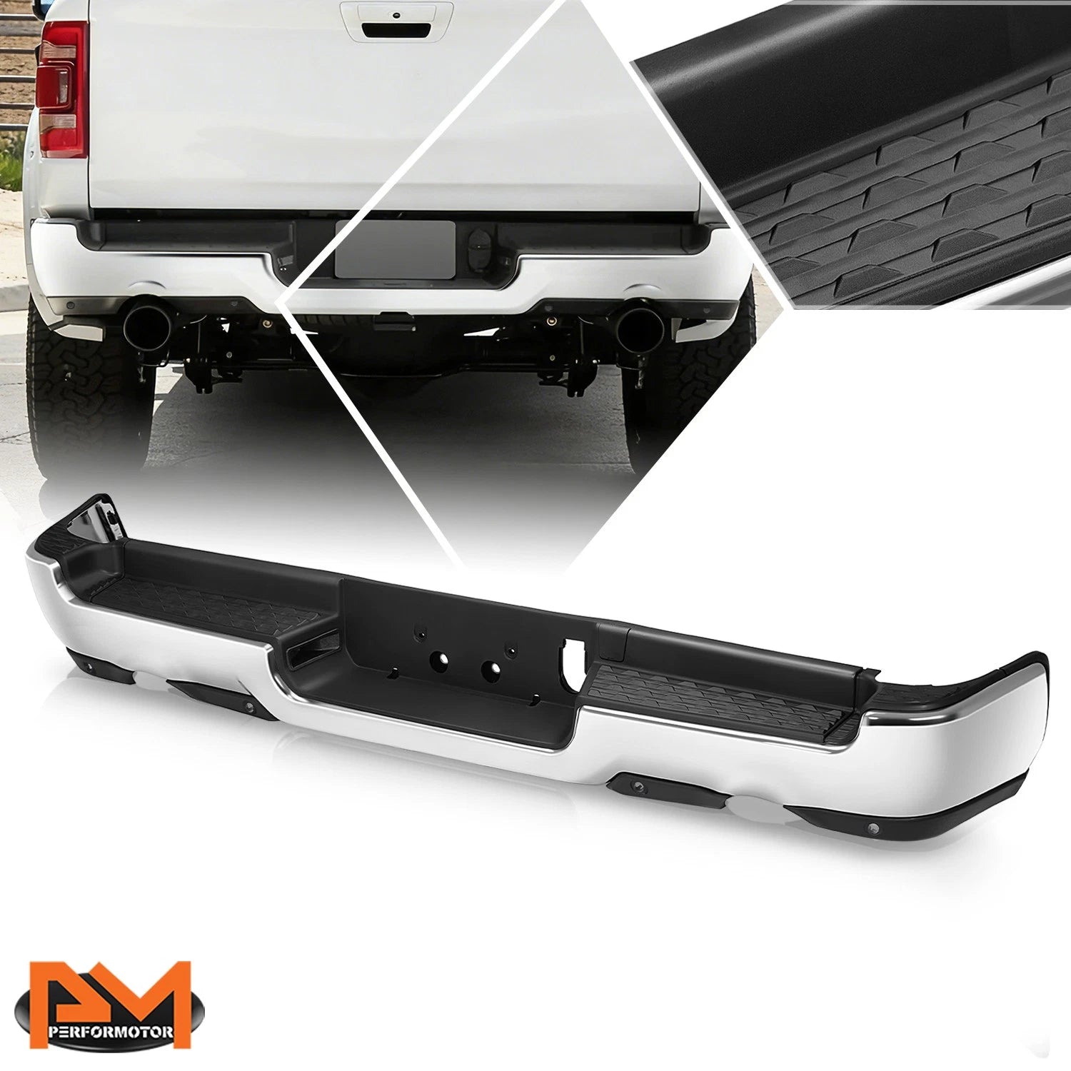 Rear Step Bumper for Ram 1500 (2019–2024) w/ Sensor Holes & Dual Exhaust Cutout Chrome