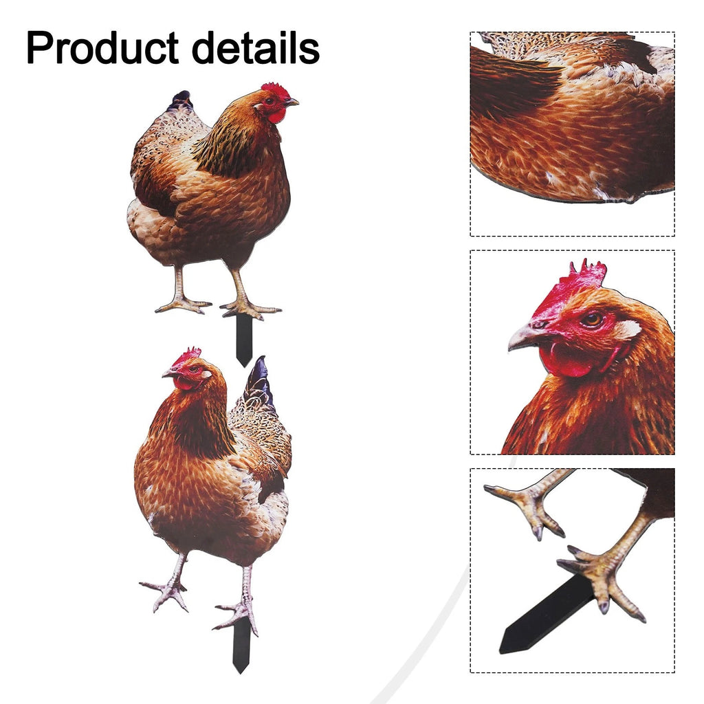 Set of 2 Chicken Garden Statues with Sign Poles