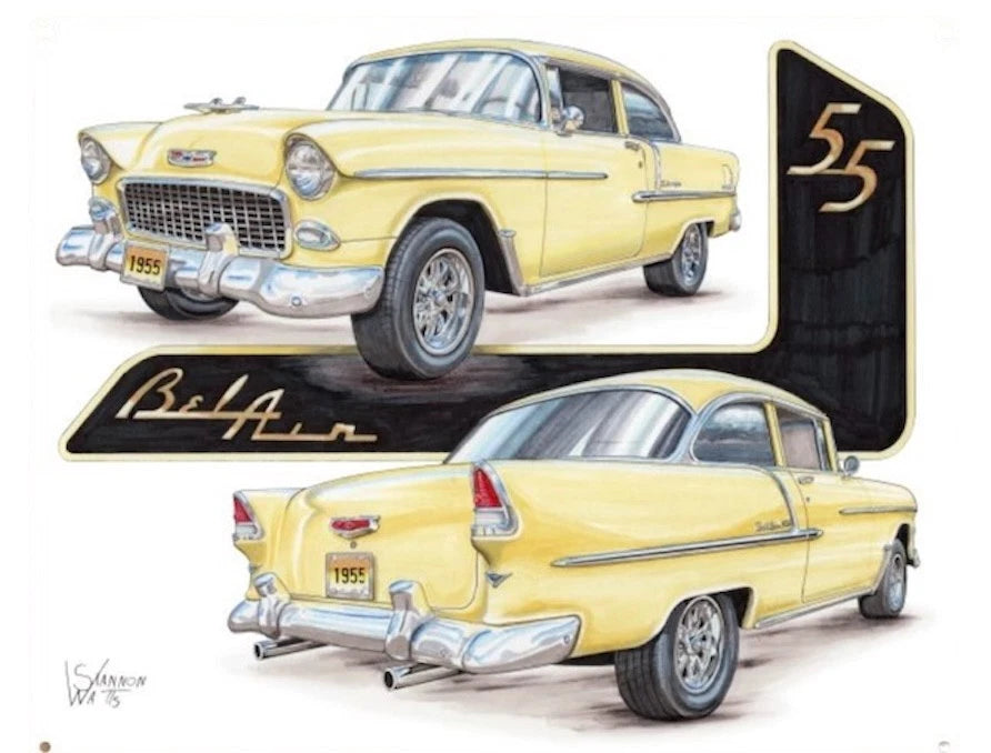 Vintage Metal Sign for 1955 Chevrolet Bel Air (1955) - Yellow Front & Rear View